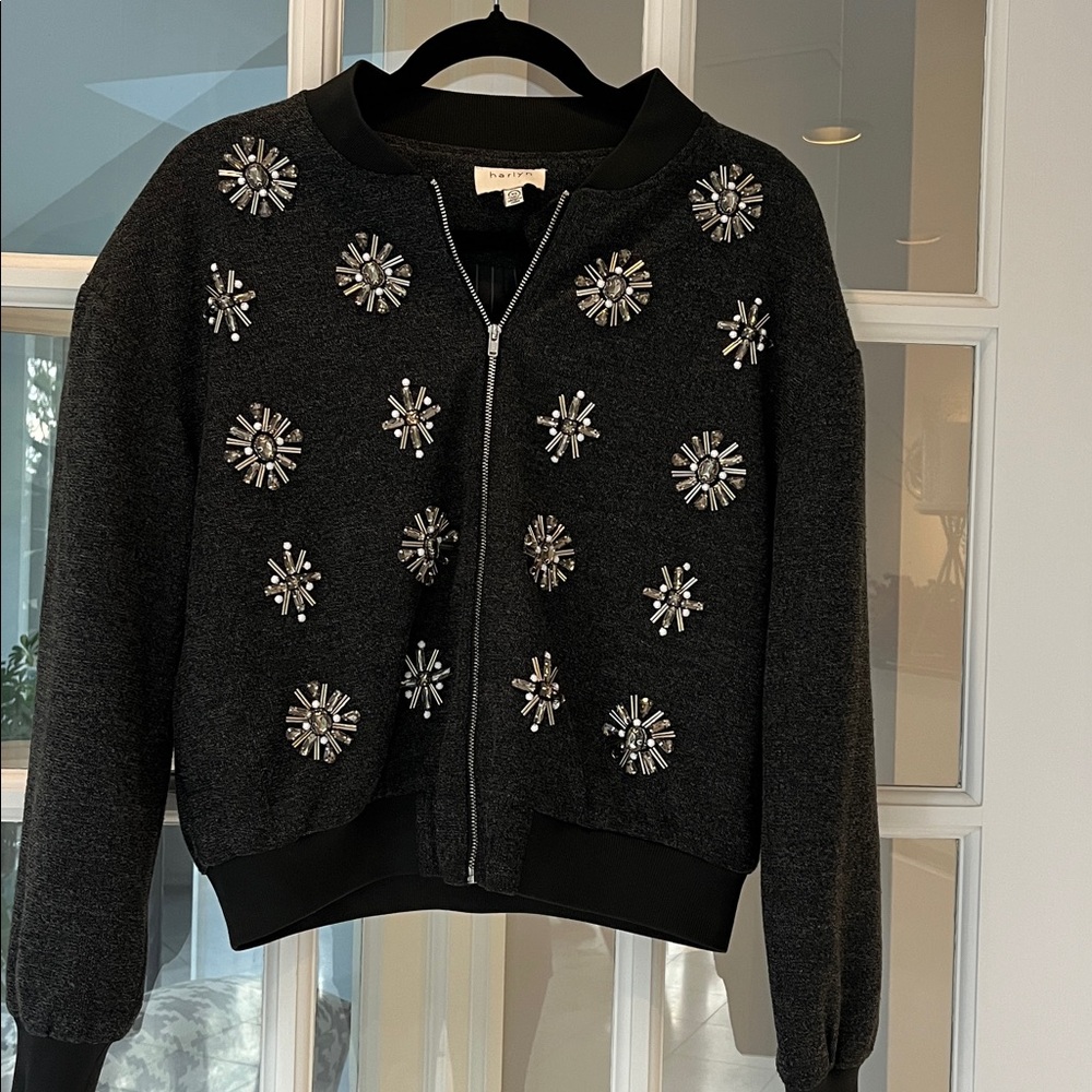 Anthropologie Harilyn grey bomber jacket with sparkle!  Size XS New - Picture 2 of 6